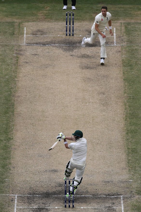 Immovable: Steve Smith hits a single off Chris Woakes.