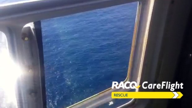 The view from one of the aircraft searching for a man who fell off a cargo ship in the ocean off Fraser Island.