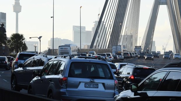 Heavy traffic on the Anzac Bridge, as bus drivers go on strike.