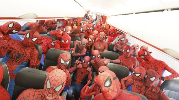 Spider-Men on board Jetstar Japan's first flight from Tokyo to Osaka.