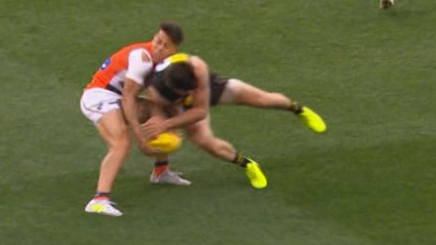 Trent Cotchin's hit on Dylan Shiel during the Tigers versus GWS AFL game on Saturday.