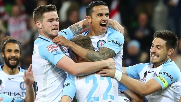 Marquee man: Tim Cahill celebrates a goal with his new teammates in the FFA Cup.