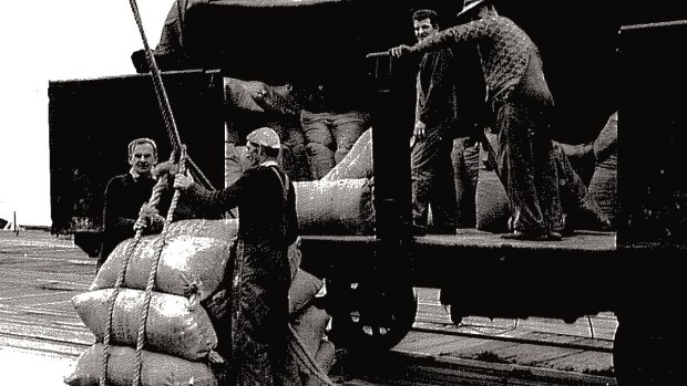 Workers load bags of wheat from a rail truck at Station Pier in 1954.