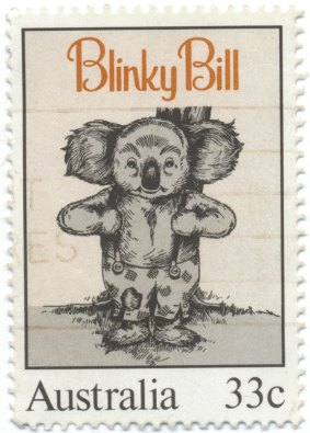 An 1985 Australia Post stamp featuring Blinky Bill, designed by Peter Leuver. 