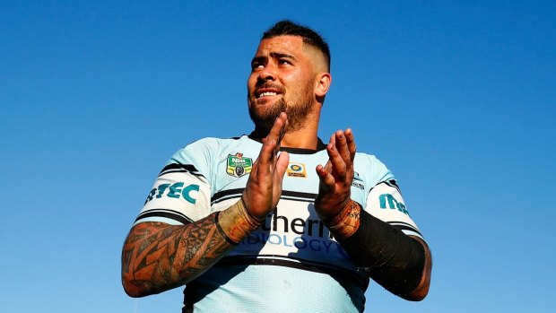 Apology: Andrew Fifita has written the initials of a killer on his strapping numerous times this season.