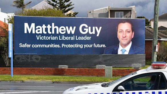 'Safer communities. Protecting your future': A billboard on the Nepean Highway for Matthew Guy.