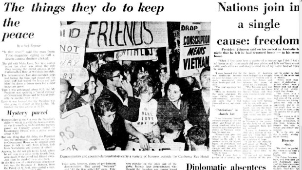 The Canberra Times article from October, 1966 about "the girl with Make Love Not War written across her chest''.