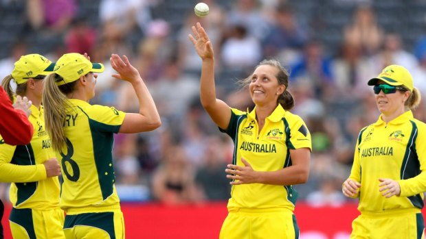 Ashleigh Gardner celebrates after dismissing England opener Tammy Beaumont.