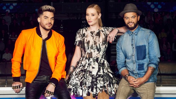 X Factor judges, from left, Adam Lambert, Iggy Azalea and Guy Sebastian.
