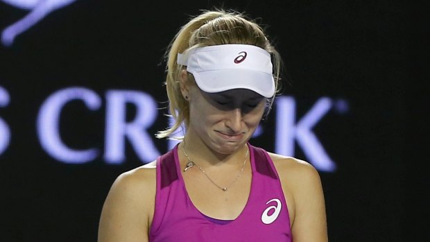 Sad end: Daria Gavrilova was visibly upset after losing to Carla Suarez Navarro.