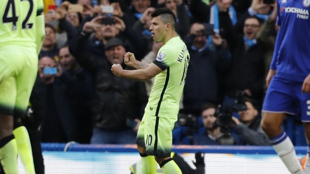 Manchester City's Sergio Aguero celebrates after scoring his hat trick of goals.