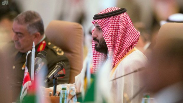 Saudi Crown Prince Mohammed bin Salman speaks at a meeting of the Islamic Military Counter-terrorism Alliance in Riyadh, Saudi Arabia, on Sunday.