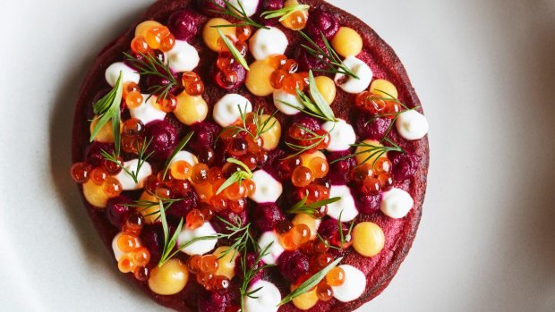 Beetroot pancake dressed with lemon curd and Yarra Valley trout roe.
