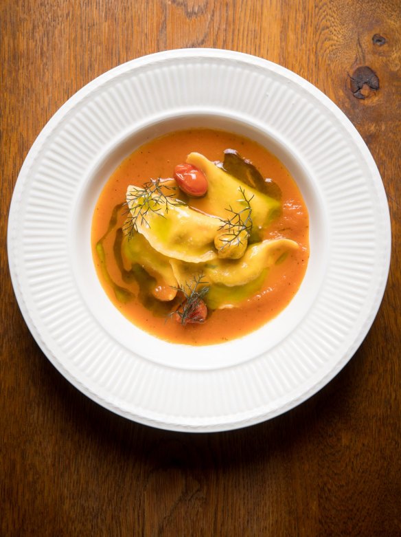 Ricotta ravioli in tomato sugo.