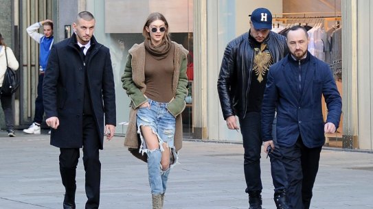 Model Gigi Hadid during Milan Fashion Week 2017. 