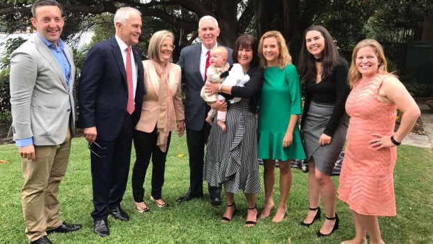 Malcolm Turnbull and wife Lucy, with US Vie president Mike Pence and wife Karen at Kirribilli House. James Brown is on the left.