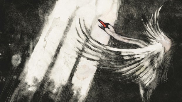 Anne Spudvilas, No one hears the sound of wings (detail), 2015, hand-coloured monoprint [from Swan Lake, Allen & Unwin, Australia, 2017] Courtesy of the artist.