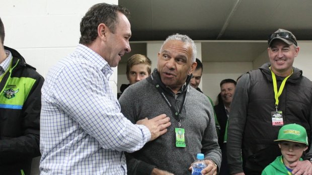 John Chicka Ferguson in the Canberra Raiders sheds with coach Ricky Stuart