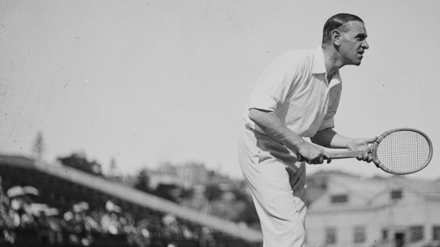 Australian Davis Cup team member Gerald Patterson on court in 1919.
