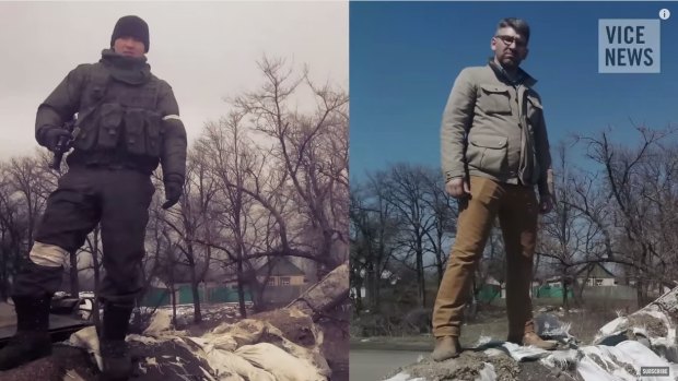 Telling 'selfies' ... right: VICE reporter Simon Ostrovsky stands in Vuhlehirsk in Ukraine, 13km west of Debaltseve. Left:  Bato Dambaev, the man Ostrovsky says is a serving Russian soldier, stands at the same destroyed Ukrainian checkpoint in February. 
