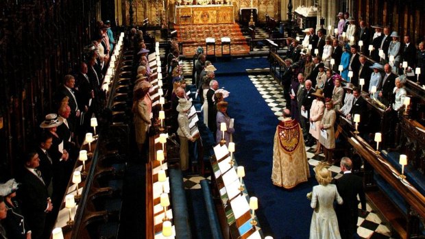 Prince Charles and his new bride, Camilla, arrive in St George's Chapel in Windsor Castle for their service of prayer in 2005. It is the same venue that Prince Harry and Meghan Markle have chosen for their wedding. 
