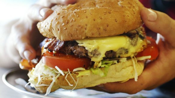 A hamburger with the lot from Andrew's Hamburgers in Albert Park.