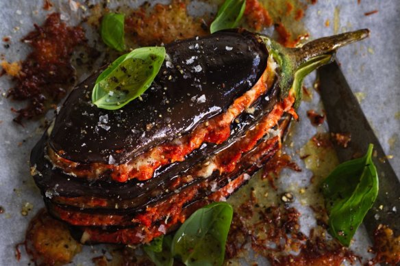 Baked eggplant layered with haloumi and  muhammara.