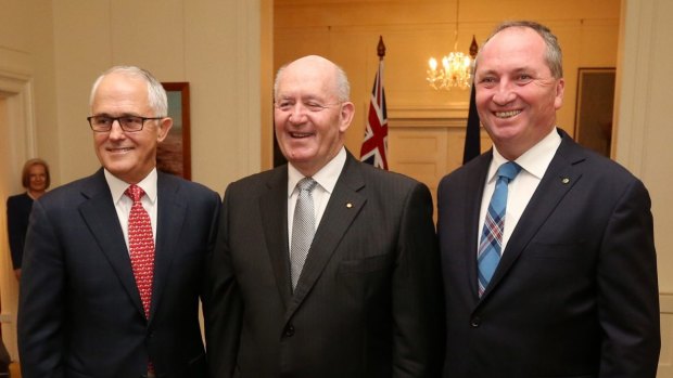 Prime Minister Malcolm Turnbull, Governor-General Sir Peter Cosgrove and Deputy Prime Minister Barnaby Joyce.