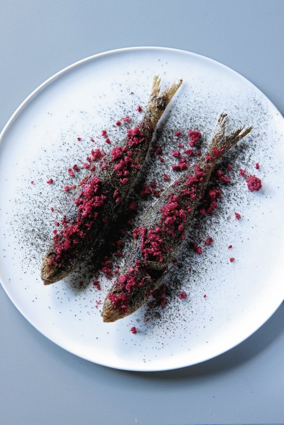 Grilled sardines with dehydrated strawberries and licorice from the East Sydney pop-up.