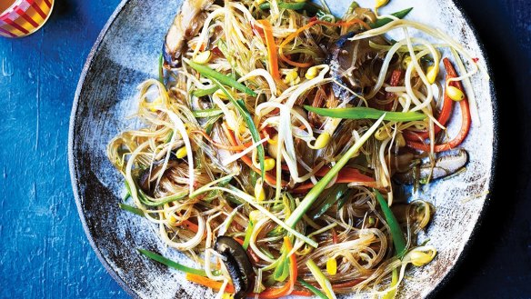 Mung bean vermicelli with shiitake and snow peas.