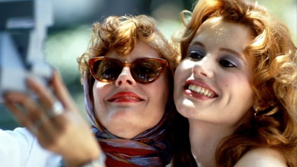Geena Davis as Thelma Dickinson with Susan Sarandon as Louise Sawyer in 'Thelma and Louise'.  