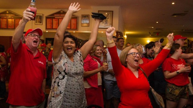 ALP party faithful celebrate winning government at Waratahs football club in Darwin. 