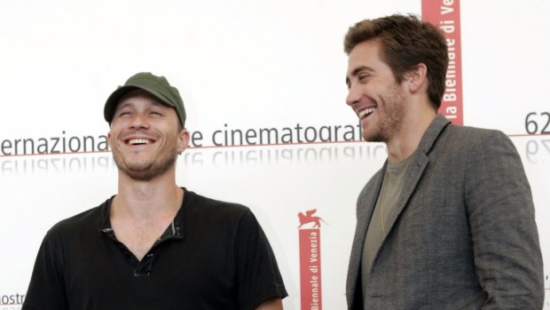 Heath Ledger, left, and Jake Gyllenhaal pose for photographers after a press conference to present "Brokeback Mountain" at the 62nd edition of the Venice Film Festival in Venice's Lido, northern Italy, Friday, Sept. 2, 2005.