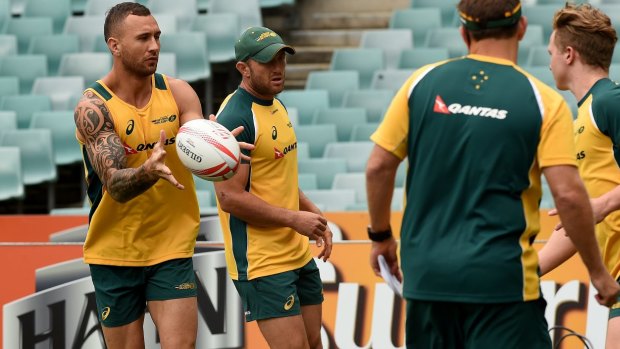 Quade Cooper (third from left) training with the Australian Sevens team in Sydney earlier this month. 