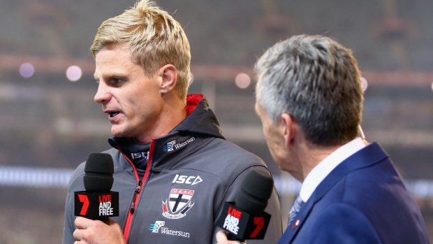 Nick Riewoldt is interviewed prior to Friday's match after pulling out due to soreness.
