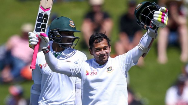 Bangladesh captain Mushfiqur Rahim, pictured here celebrating a century with teammate Shakib Al Hasan.