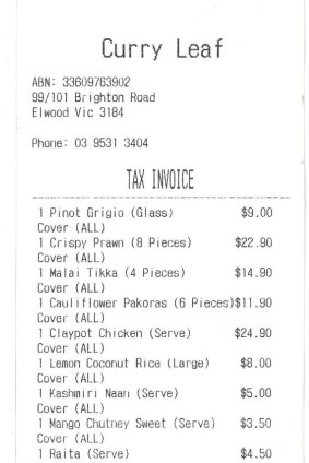 Receipt for lunch with Kent Morris at the Curry Leaf
