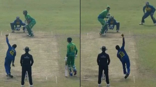 Kamindu Mendis bowls with his left arm (left) and right, during the under-19 World Cup.