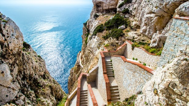 The stairway leading to the Neptune's Grotto, in Capo Caccia cliffs, near Alghero, in Sardinia, Italy.