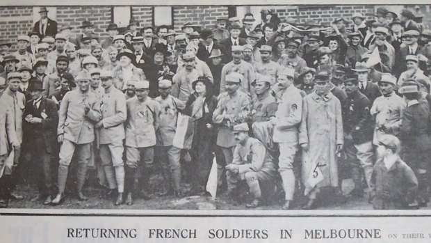 <i>Punch</i> magazine shows French soldiers returning to New Caledonia on a visit to Melbourne, April 1917.