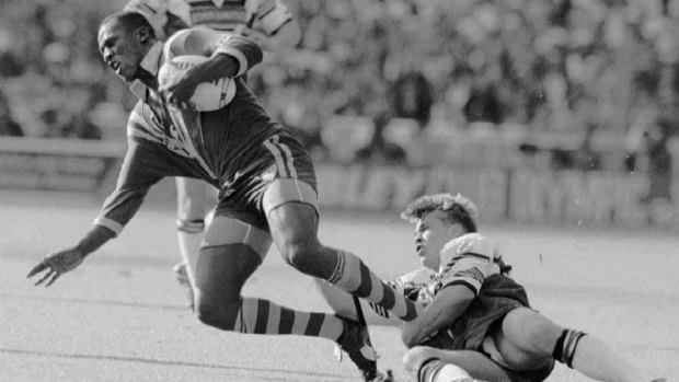 Wendell Sailor is tackled by England's Alan Hunte during the first Test at Wembley in 1994.