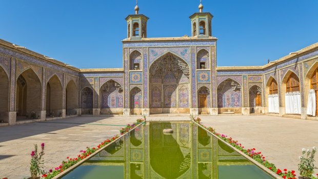 Grand courtyard of Nasir al-Mulk, Iran's famous Pink Mosque.