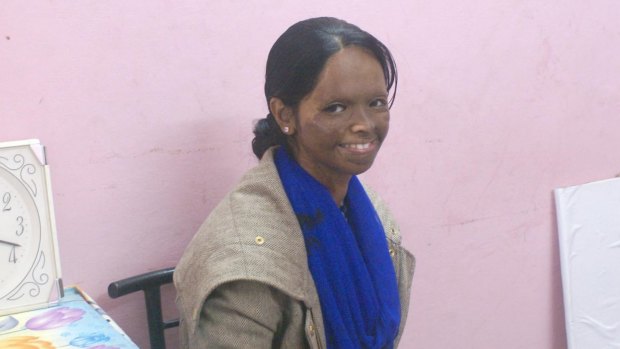 Laxmi at the office of the Stop Acid Attacks group in Nagar, East Delhi, where she works. 