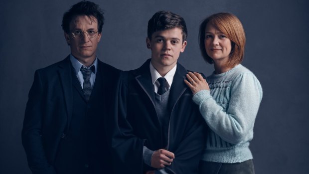 Harry (Jamie Parker), Albus (Sam Clemmett) and Ginny (Poppy Miller) in <i>Harry Potter and the Cursed Child</i> stage production.