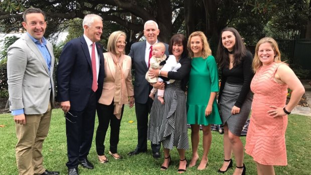 Malcolm Turnbull and Mike Pence with their families in Sydney. 