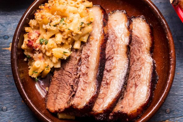 Frank Camorra's barbecued beef brisket served with macaroni cheese.