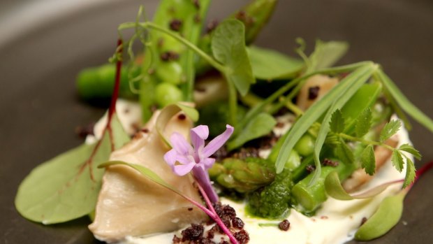 Salad of local asparagus, pickled otway shiitake,smoked ricotta and chimichurri dressing: a dish on ezard's eight-course tasting menu.