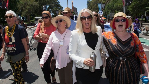 Marching in Sydney (from left): OzHarvest founder Ronni Kahn, lawyer Mariam Veiszadeh, and journalists Jane Caro and Tracey Spicer. 