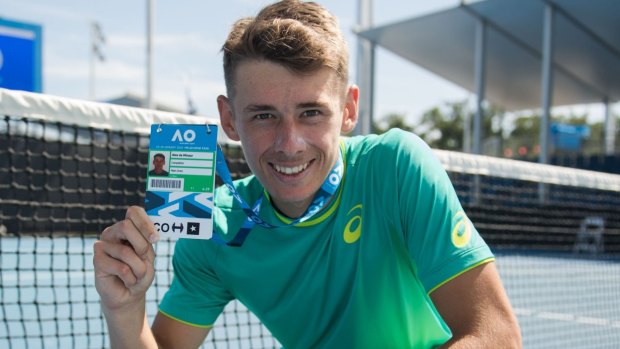 Big time: Alex de Minaur shows off his credentials after winning his way into the men's main draw at Melbourne Park. 