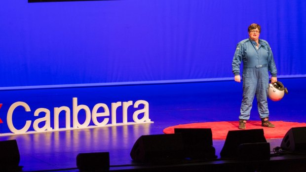 Rally driver Lynda Leigh on stage at TEDx Canberra 2017. Ms Leigh wants Canberrans to 'drive like a girl'.